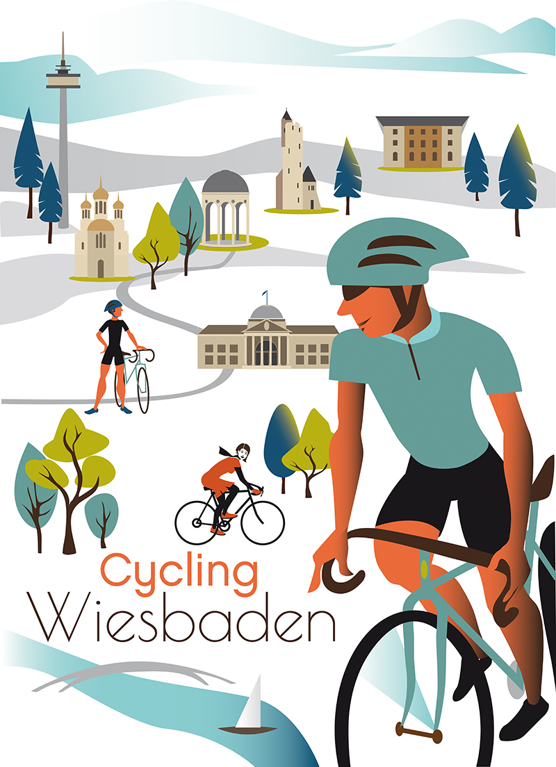 Cycling-Plakat-Wiesbaden-Sylvia-Wolf-Illustration-A2-Größe-Offsetdruck-Radportziele-Jagdschloß-Platte-Kellerskopf