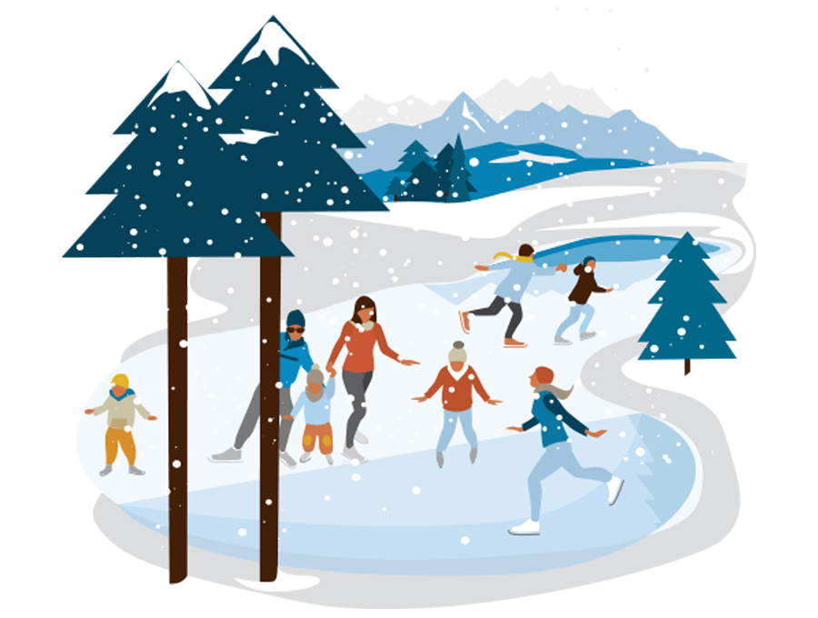 Sylvia-Wolf-Illustrationen-Bergwelten-Eislaufen-Wintrlandschaft-Tannen-Eisläufer-Schneeflocken-Schnee-Berge