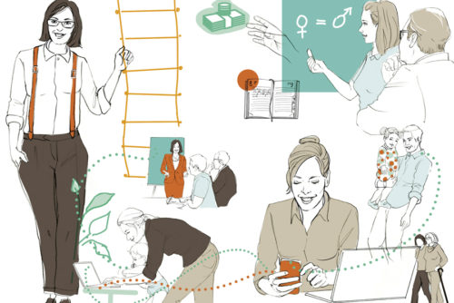 Female-Leadership-in-der-Pflege-Gleichbehandlung-Collagen-Illustration-Sylvia-Wolf-Illustrationen