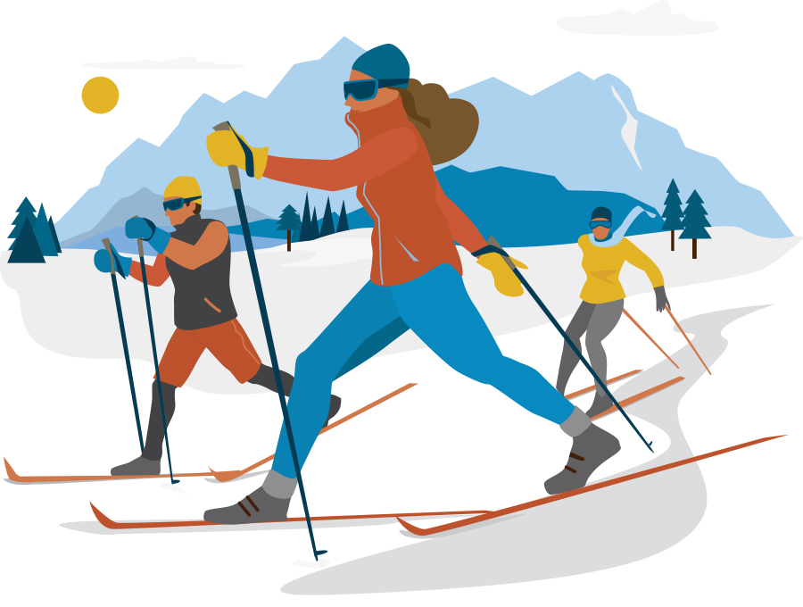 Wintersport-Illustrationen-Langlauf-Bergwelten-MagazinSylvia-Wolf-Berge-Schnee-Langläufer-Winterlandschaft
