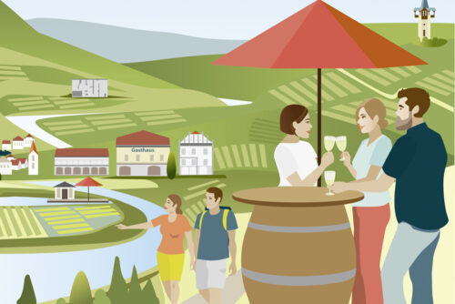 Tourismus-Illustration-Vektor-Illustration-Sylvia-Wolf-Weingebiet-Oesterreich-Kremstal