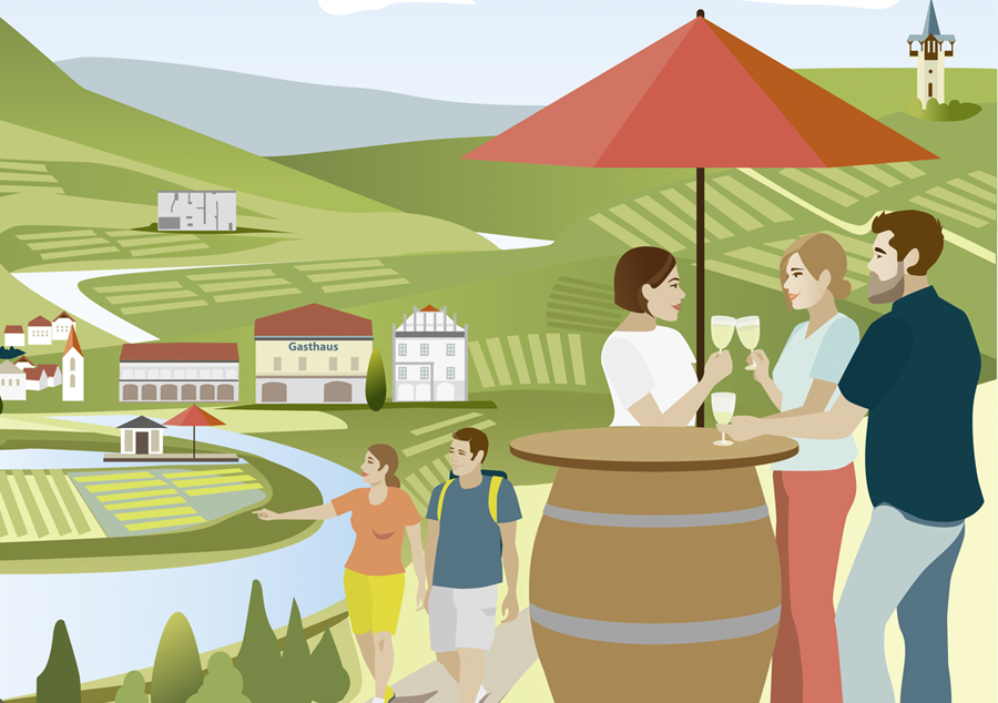 Tourismus-Illustration-Vektor-Illustration-Sylvia-Wolf-Weingebiet-Oesterreich-Kremstal